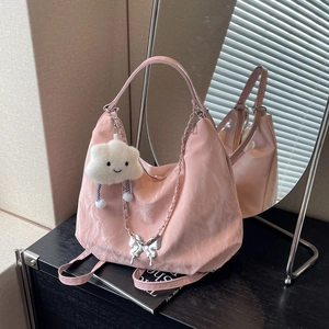 Pink pleated large tote bag with silver butterfly chain and plush cloud charm for women