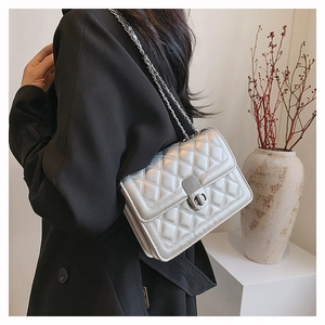 Silver quilted chain bag with metal twist lock shown on a fashion model for styling