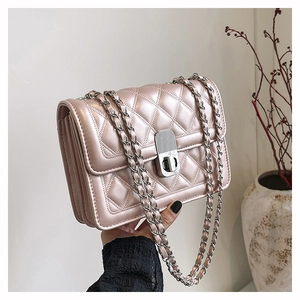 Detail of champagne quilted leather bag with silver twist lock and metal chain strap