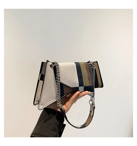 Detail view of the geometric canvas bag with contrasting color blocks and chain strap