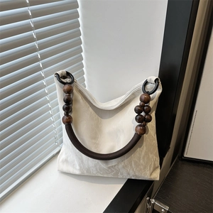 Neo-Chinese Style Beaded Tote Bag For Women PU Leather Crinkle Pleated Large Capacity Shoulder Bag With Wood Beads Handle