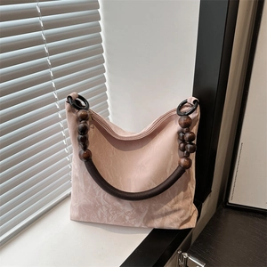 Fashion Women PU Leather Tote Bag Large Capacity Crinkled Texture Shoulder Bag With Wood Bead Handle Casual Stylish Bag