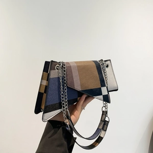 Women Geometric Patchwork Shoulder Bag Fashion Contrast Color PU Leather Crossbody Bag Metal Chain Square Underarm Handbag