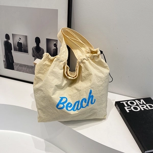 Korean Style Large Capacity Washed Cloth Tote Bag Women Beach Letters Print Shoulder Bag Minimalist Travel Shopper Bag