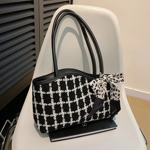 Women Plaid Tweed Tote Bag With Silk Scarf Bow Decoration Vintage Large Capacity PU Shoulder Bag For Casual Commuter