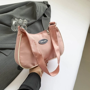 Women Large Capacity Nylon Hobo Underarm Shoulder Bag Crescent Moon Shape Bag With Contrast White Piping Chic Minimalist Commuting Handbag
