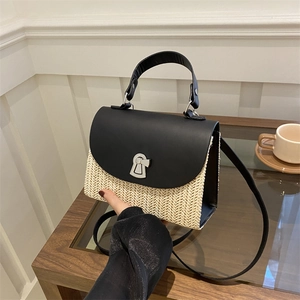 Fashion Women Straw Woven Handbag Korean Style Summer Chic Crossbody Bag Small Square Shoulder Bag With Metal Lock Buckle