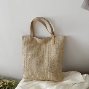 Women Woven Straw Tote Bag Large Capacity Urban Minimalist Shoulder Bag Casual Summer Beach Vacation Handbag With Magnetic Snap Closure