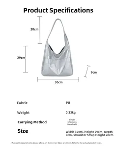 Silver PU tote bag dimensions diagram showing 30x29x9cm size and 28cm strap height
