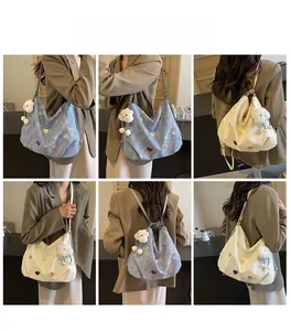 Detailed views of heart pattern tote bag in blue and white showing multi-way wear