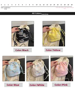 Dettaglio della mini borsa a secchiello con catena in cinque colori e placca a triangolo