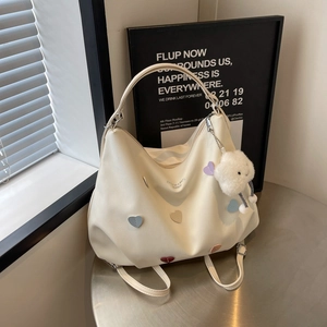 Women PU Leather Tote Bag Heart Patches Cloud Charm Large Capacity Shoulder Bag Korean Fashion Daily Commuting Handbag