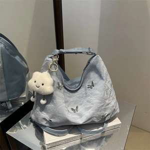 Sac Cabas Plissé pour Femmes Décor Papillon Grand Sac à Bandoulière en Cuir PU Avec Pendentif Nuage Sac Hobo