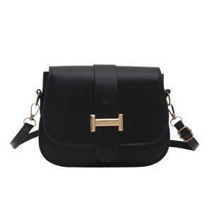 Elegant black leather crossbody bag with iconic gold H-shaped clasp for women
