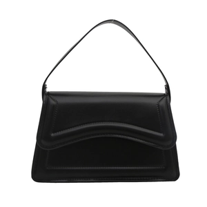 Minimalist black trapezoid handbag with wave-edge flap and top handle for women
