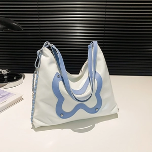 Minimalist white PU leather tote bag with light blue butterfly applique and silver chain