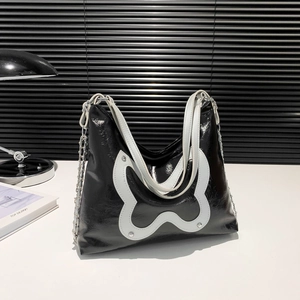 Women's chic contrast shoulder bag with large white butterfly and silver rivet studs