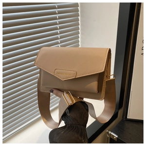 Detail of light beige crossbody bag showing wide strap and gold metal hardware adjustment