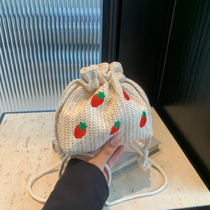 French Vintage Straw Woven Bucket Bag Strawberry Leaf Embroidery Drawstring Crossbody Bag For Women Vacation Casual Bag