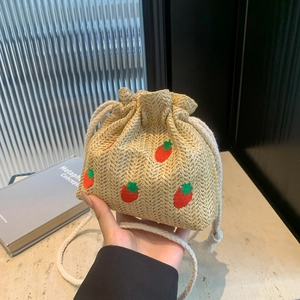French retro straw bucket bag with strawberry embroidery and white drawstring strap
