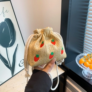 French retro straw bucket bag with strawberry embroidery and drawstring closure