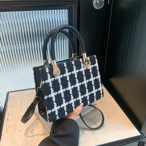 Elegant Women Tweed Small Square Bag Gold Thread Plaid Crossbody Handbag With Woven Handle For Party Daily Shoulder Bag