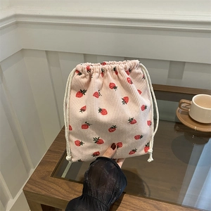 Women's Cute Strawberry Print Corduroy Bucket Bag Fashion Drawstring Shoulder Bag Versatile Mini Crossbody Storage Pouch