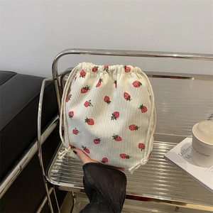 Mini corduroy strawberry print bucket bag with drawstring closure for daily use