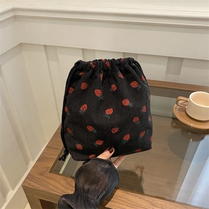 Mini strawberry print corduroy bucket bag with drawstring closure for women