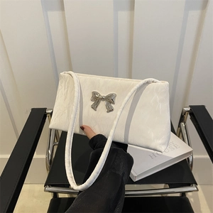 French Niche Bowknot Underarm Bag For Women Wrinkle Texture Shoulder Bag Trendy Small Square Baguette Bag For Daily Party