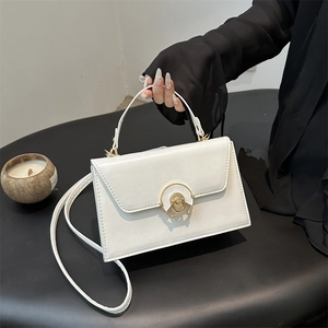 Fashion Women PU Leather Small Square Bag With Gold Round Lock Minimalist Solid Color Shoulder Crossbody Handbag For Daily