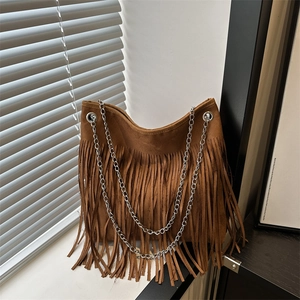 Sac à Épaule Bohémien Grande Capacité en Nylon avec Franges Sac Tote avec Bandoulière Chaîne Tendance de la Rue Femme