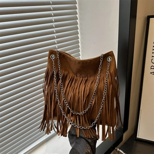 Retro brown suede tote bag with fringe tassels and silver chain shoulder strap