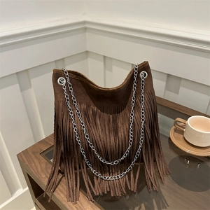 Retro dark brown suede tote bag with long tassels and silver metal chain strap