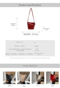 Detailed size chart and multi-color options for beaded bow knot PU bucket bag