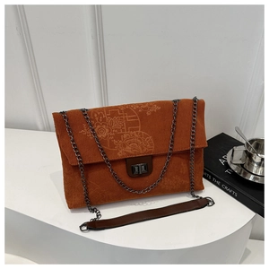 Detail of orange corduroy bag featuring embossed floral patterns and silver rotary lock