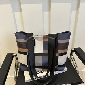 Women Fashion Canvas Tote Bag Large Capacity Geometric Grid Color Block Shoulder Bag Urban Commuter Casual Handbag With Zipper