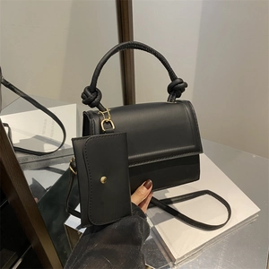 Women PU Leather Handbag With Mini Pouch Knot Handle Square Crossbody Bag Casual Street Shoulder Bag Adjustable Strap Jewelry Accessory