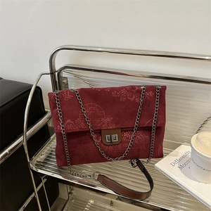 New Chinese Style Corduroy Tote Bag For Women Retro Embossed Floral Chain Shoulder Bag Large Capacity Crossbody Bag For Daily