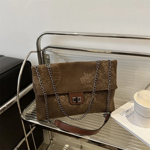 Vintage brown corduroy tote bag with floral embroidery and elegant metal chain strap