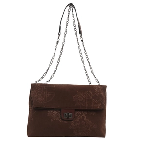 Brown corduroy shoulder bag with floral embroidery and gold chain strap on white background