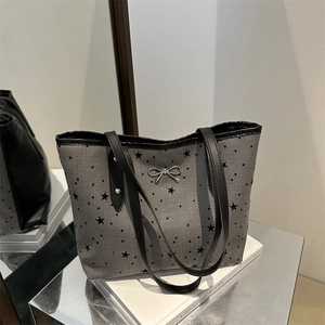 Sac Cabas en Toile pour Femmes Imprimé Cœur Pois Étoile Grande Capacité Sac à Épaule Avec Décoration Nœud en Métal Mode Casual