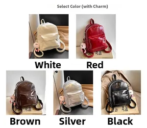 Mini PU leather backpacks in five colors with cute pink plush pendants and zipper details