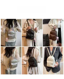 Mini backpack set showing silver, black, brown, and white colors on models with fur charms