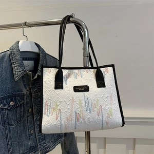 Women Vintage Tote Bag Rainbow Wave Embroidery Rhombus Quilted Oxford Cloth Synthetic Leather Casual Travel Daily Shoulder Bag