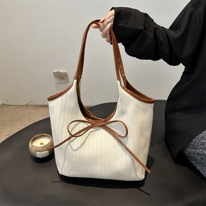 Damen Große Kapazität Baumwolle Leinen Tote Bag Mit Schleife Kontrastfarbe Schultertasche Für Alltag Büro Schlicht Casual Stil