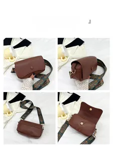 Detailed views of brown retro crossbody bag with wide bohemian pattern shoulder strap