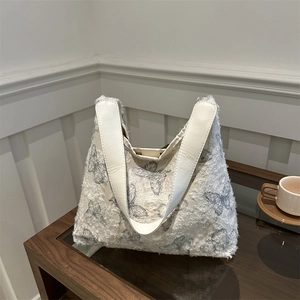 Vintage Butterfly Print Canvas Tote Bag Large Capacity Hobo Shoulder Bag With Textured Fringed Lace For Women Daily School