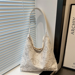 Minimalist white canvas hobo bag with textured butterfly embroidery for women