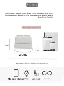 Size guide for quilted chain bag showing 31cm width and capacity for daily essentials